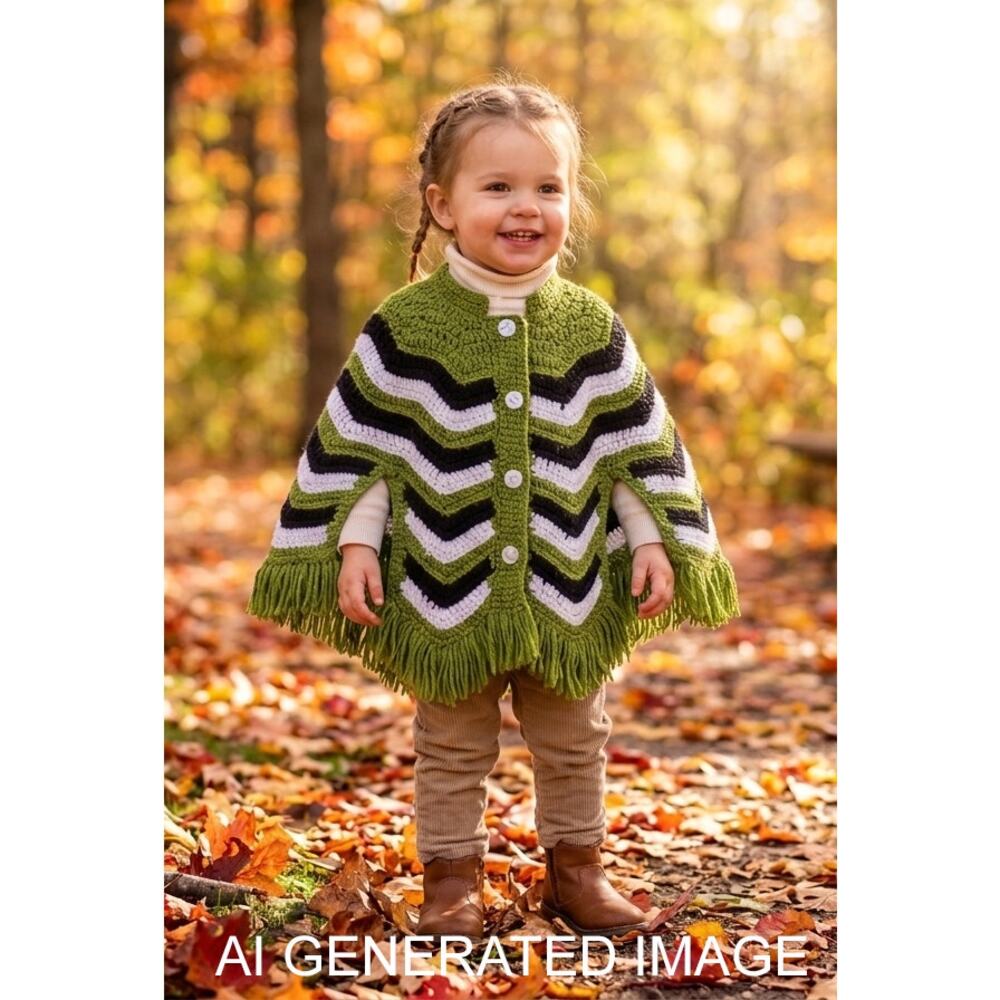 Vintage Handmade 1970s Crocheted Toddler Poncho Green Black White Chevron Retro*